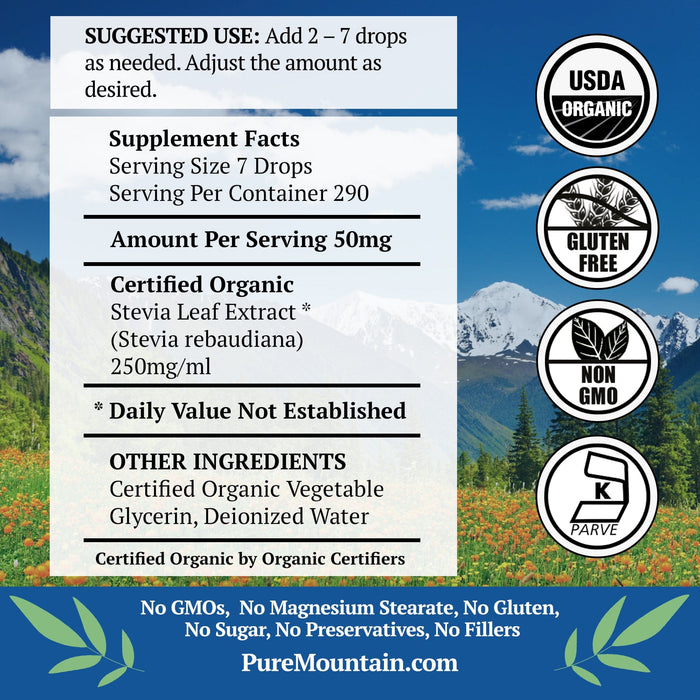 Pure Mountain Botanicals Sugar Substitute Organic Liquid Stevia Sweetener – Alcohol Free and Kosher Sugar Substitute - Glass Bottle