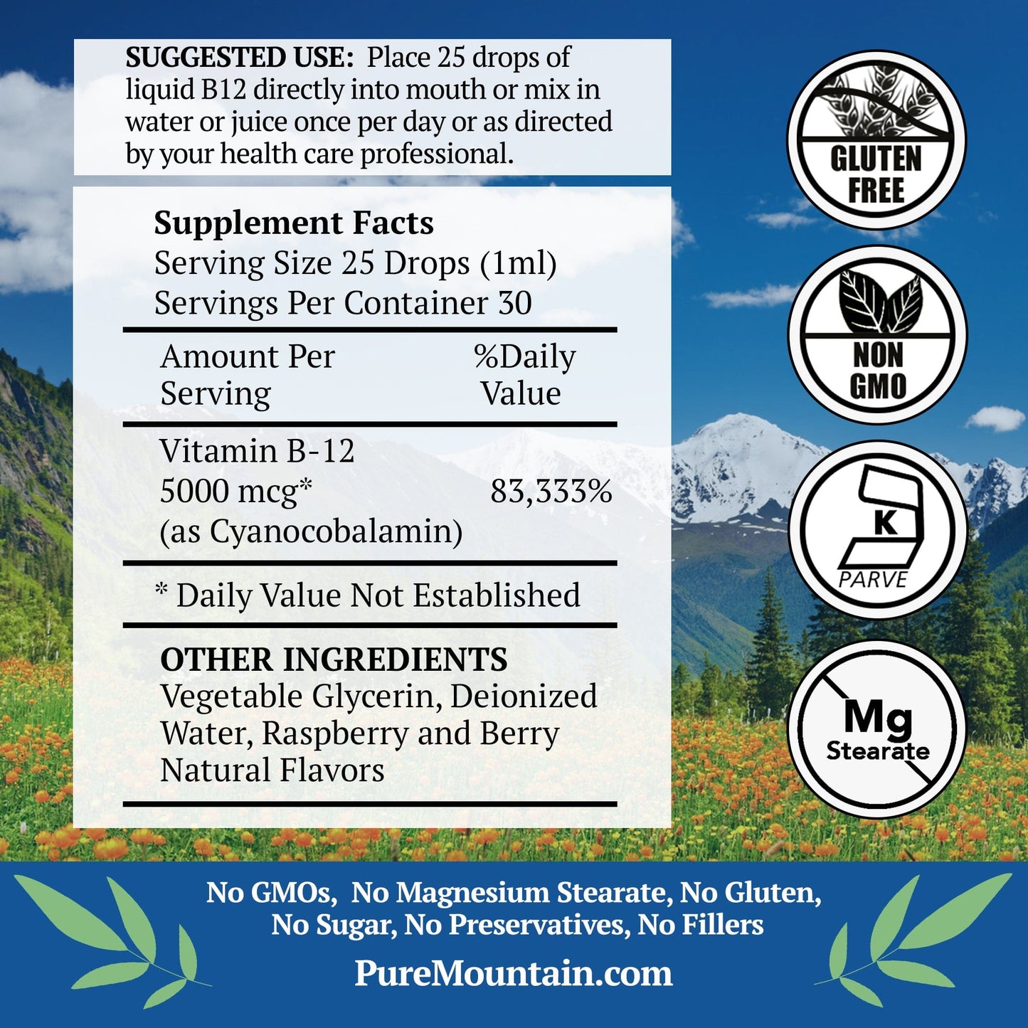 Pure Mountain Botanicals Vitamin B12 Vitamin 5000 mcg – Kosher B12 Drops in 1oz Bottle with Natural Berry Flavor