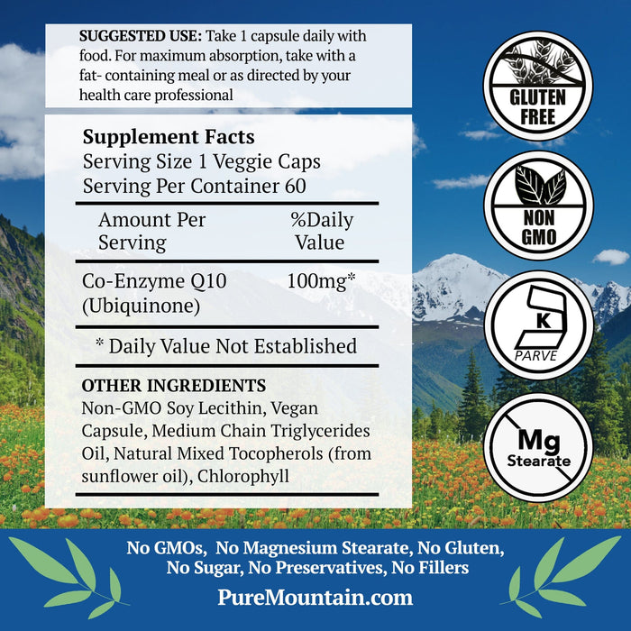 Pure Mountain Botanicals Supplement CoQ10 Supplement - 60 Capsules Now with 100mg Coenzyme Q10