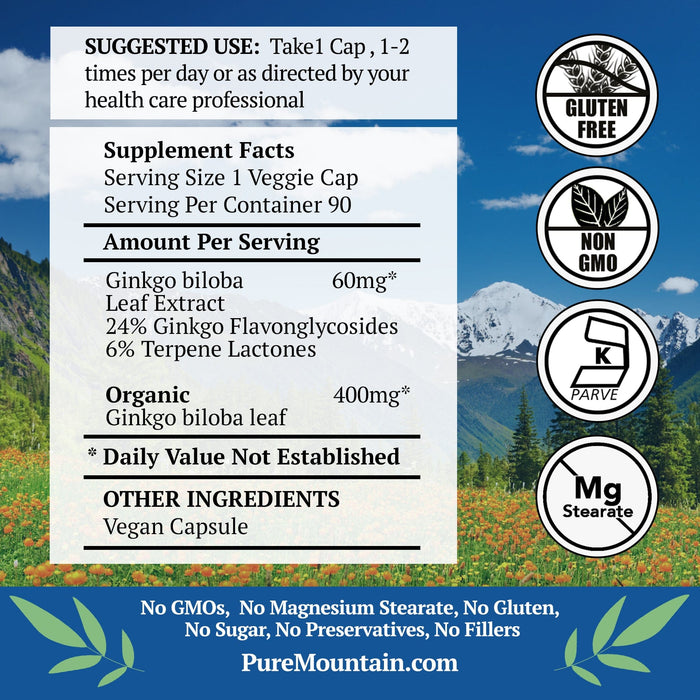 Pure Mountain Botanicals Supplement Ginkgo Biloba Capsules - High Potency 90 Kosher Veggie Caps