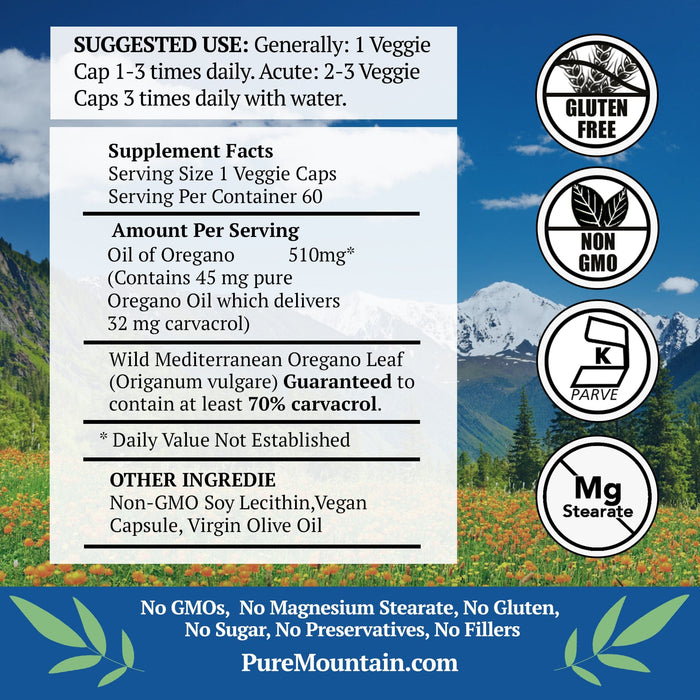 Pure Mountain Botanicals Supplement Oregano Oil Capsules - Vegan Caps – Now with 510mg Mediterranean Oil of Oregano