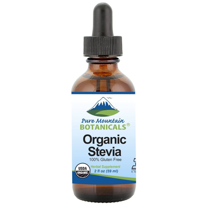 Pure Mountain Botanicals Sugar Substitute 2 oz. Organic Liquid Stevia Sweetener – Alcohol Free and Kosher Sugar Substitute - Glass Bottle