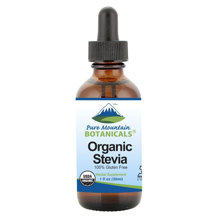 Pure Mountain Botanicals Sugar Substitute 1 oz. Organic Liquid Stevia Sweetener – Alcohol Free and Kosher Sugar Substitute - Glass Bottle