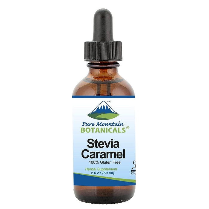 Pure Mountain Botanicals Sugar Substitute Caramel Flavored Liquid Stevia Drops – Alcohol Free and Kosher Sugar Substitute - 2oz Glass Bottle