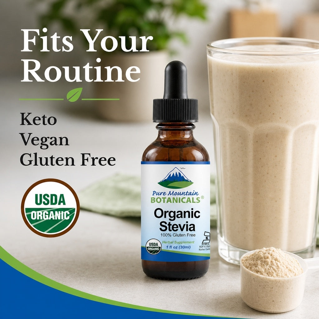 Organic Liquid Stevia Sweetener – Alcohol Free and Kosher Sugar Substitute - Glass Bottle