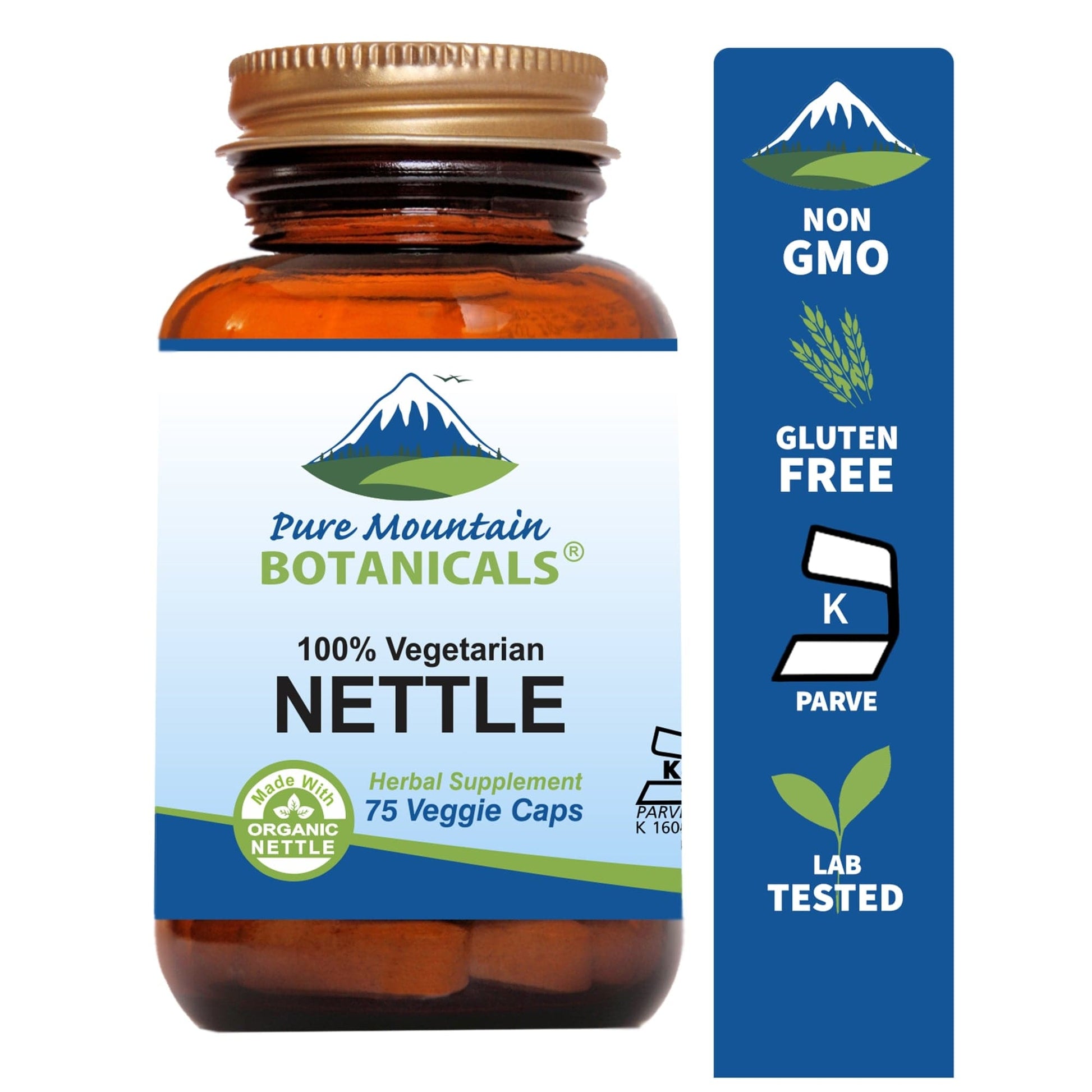 Pure Mountain Botanicals Supplement Nettle Leaf Capsules - 75 Kosher Veggie Caps with 500mg Organic Nettle Leaf