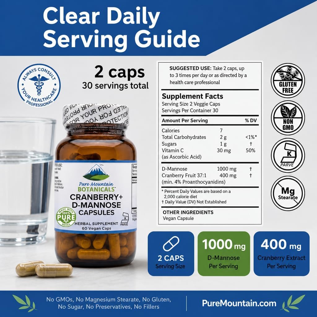 Cranberry D Mannose Capsules - 60 Kosher Vegan Caps - 1000 mg D-Mannose and 400 mg Cranberry Concentrate