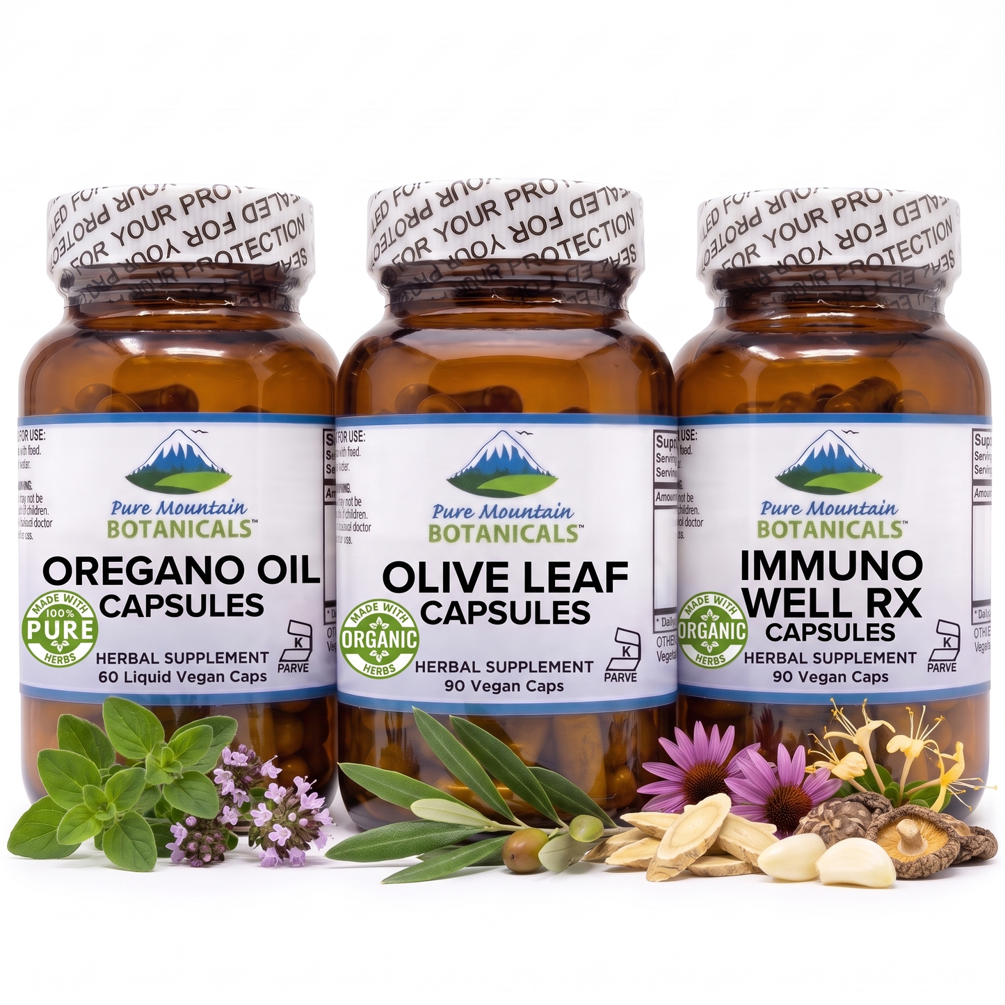 Three amber supplement bottles from Pure Mountain Botanicals arranged together: Oregano Oil Capsules, Olive Leaf Capsules, and Immuno Well Rx Capsules. The bottles are styled with their respective herbal ingredients, including green leaves, purple flowers, and garlic cloves, on a clean white background.