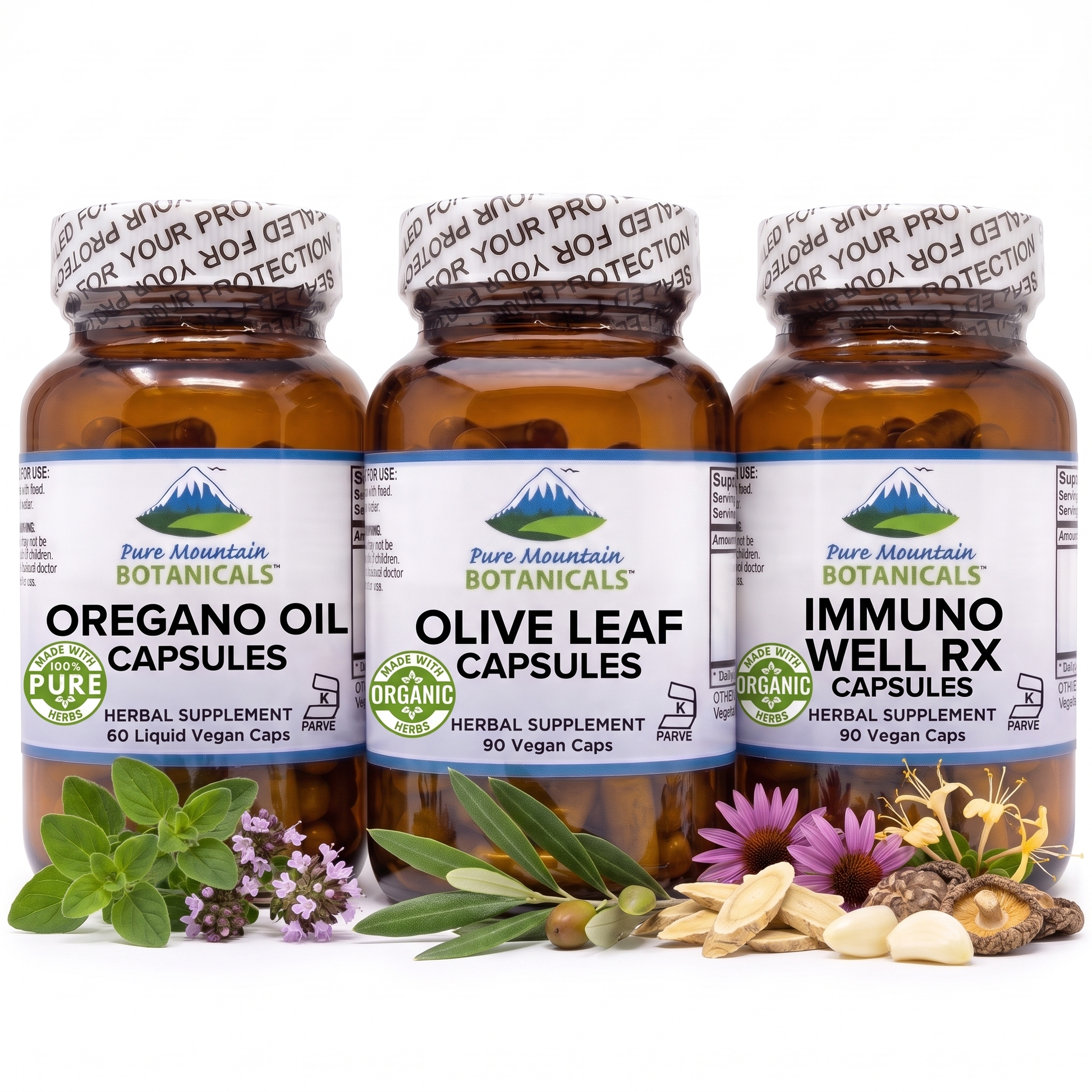 Three amber supplement bottles from Pure Mountain Botanicals arranged together: Oregano Oil Capsules, Olive Leaf Capsules, and Immuno Well Rx Capsules. The bottles are styled with their respective herbal ingredients, including green leaves, purple flowers, and garlic cloves, on a clean white background.