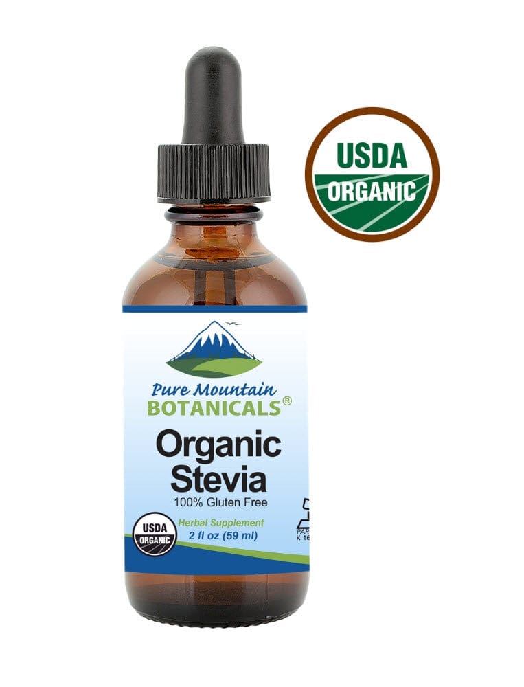 Pure Mountain Botanicals Sugar Substitute Organic Liquid Stevia Sweetener – Alcohol Free and Kosher Sugar Substitute - Glass Bottle