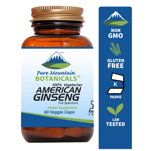 Pure Mountain Botanicals Supplement American Ginseng Capsules – 60 Kosher Vegan Caps with 400mg Panax Quinquefolia Ginseng Root