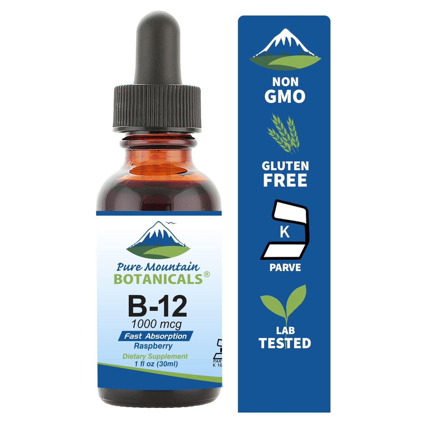 Pure Mountain Botanicals Vitamin B12 Vitamin 1000 mcg – Kosher B12 Drops in 1oz Bottle with Natural Berry Flavor