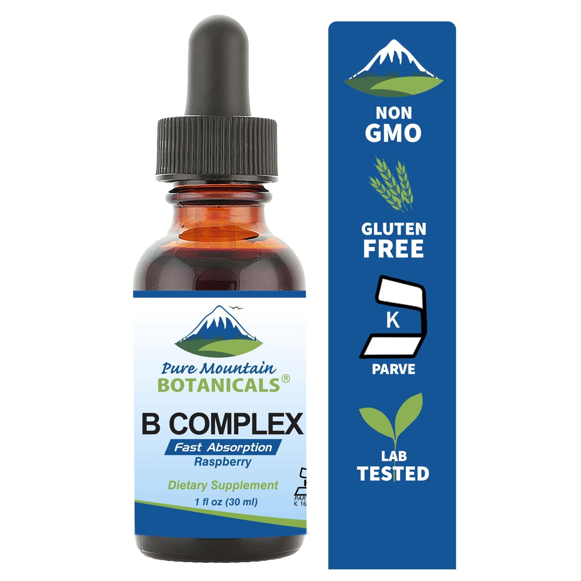 Pure Mountain Botanicals Vitamin Liquid Vitamin B Complex - Raspberry Flavor Kosher B Complex Vitamin with B12, B6, Thiamin, Biotin & Niacin - 1oz Bottle