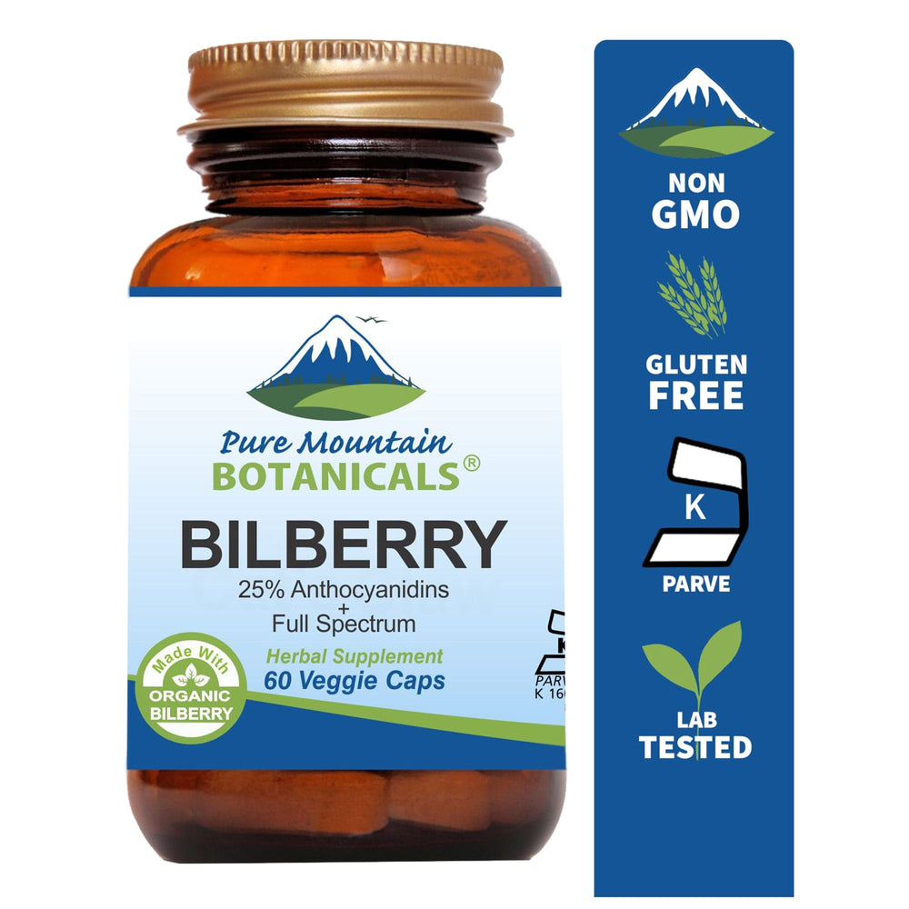Pure Mountain Botanicals Supplement Bilberry Capsules - Full Spectrum Extract - 60 Kosher Veggie Caps