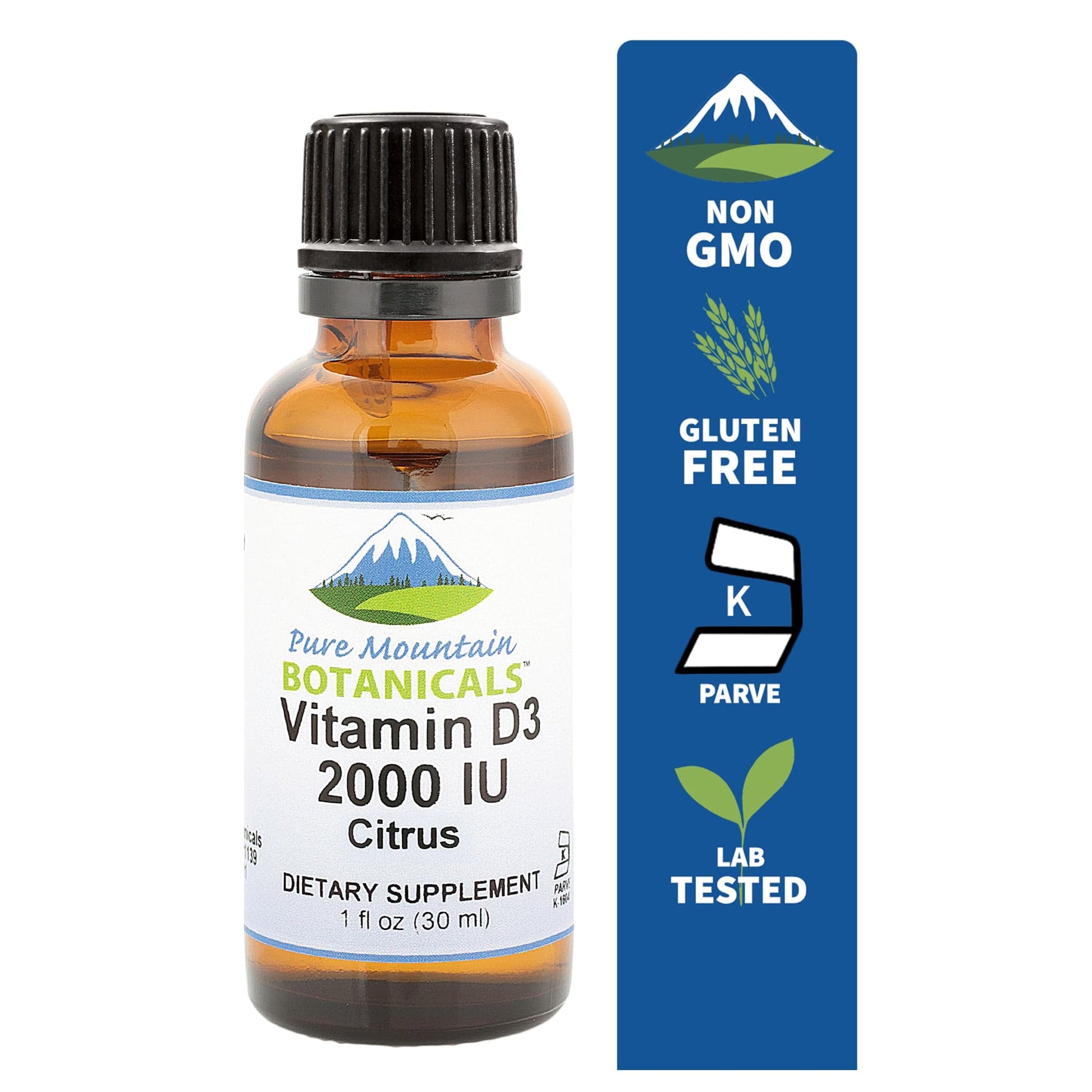 Pure Mountain Botanicals Vitamin Flavored Vitamin D Drops – Orange and Lemon Flavored Liquid Vitamin D3-2000iu per Serving - 1oz Bottle