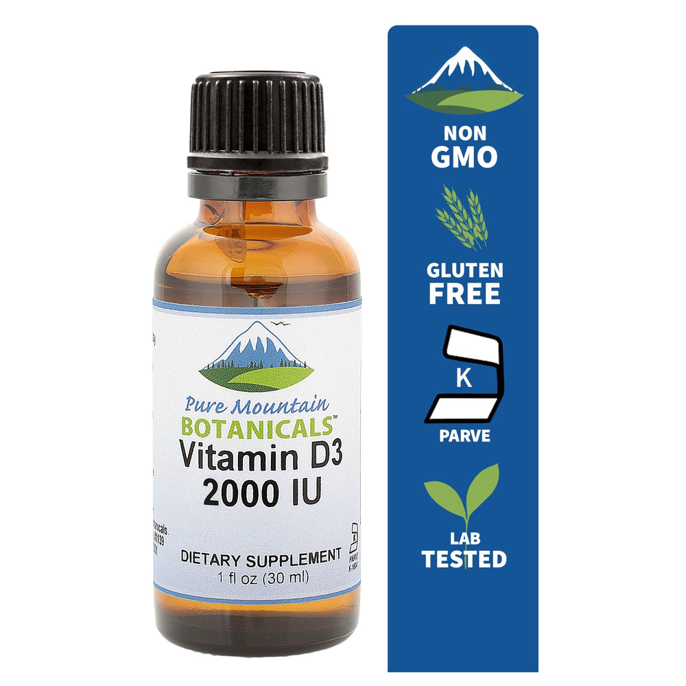 Pure Mountain Botanicals Vitamin Liquid Vitamin D Drops - Unflavored Kosher D3 Liquid Drops in MCT Oil - 2000iu per Serving - 1oz Bottle