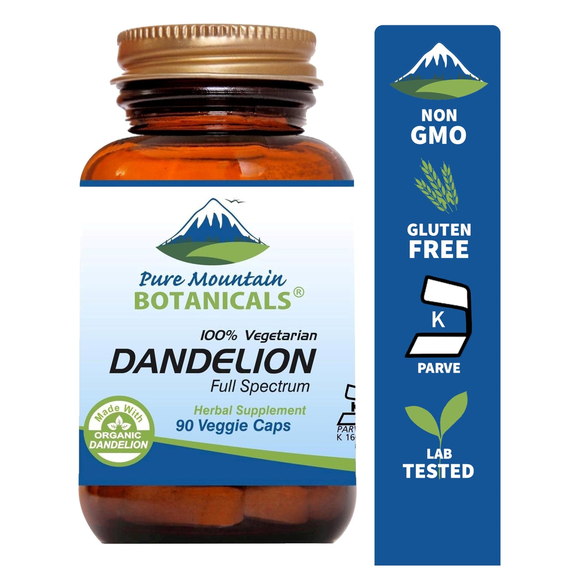 Pure Mountain Botanicals Supplement Dandelion Root Capsules - 90 Organic Kosher Veggie Caps