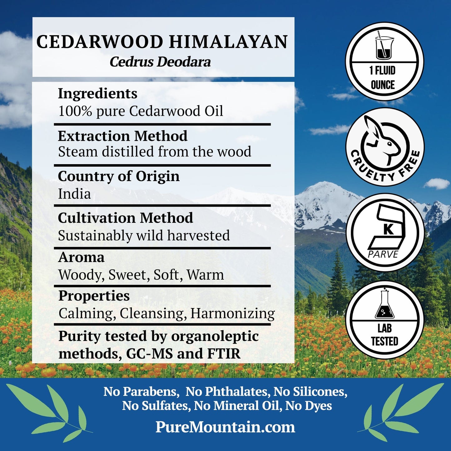 Pure Mountain Botanicals Essential Oil Cedarwood (Cedrus Deodara) Essential Oil - 100% Pure Natural & Kosher - 1 fl oz Bottle