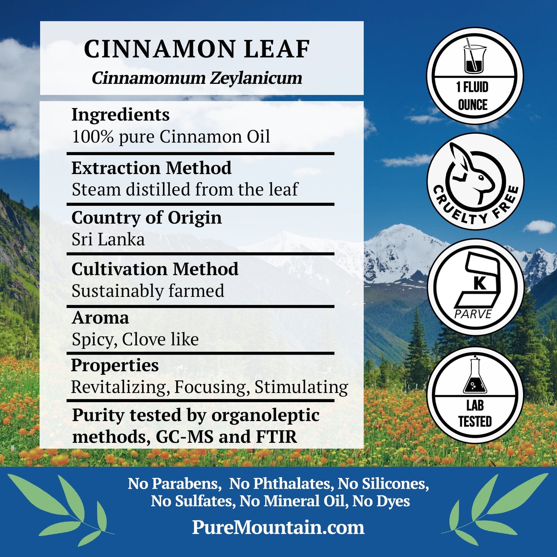 Pure Mountain Botanicals Essential Oil Cinnamon Leaf Essential Oil - Full 1oz (30 ml) Bottle