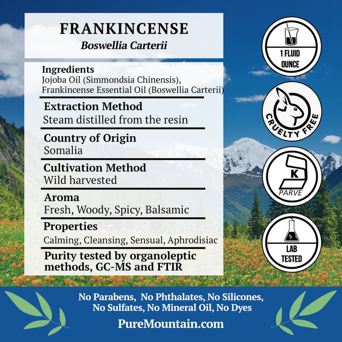 Pure Mountain Botanicals Essential Oil Frankincense (Boswellia Carterii) Essential Oil - 100% Pure Natural & Kosher - 1 fl oz Bottle