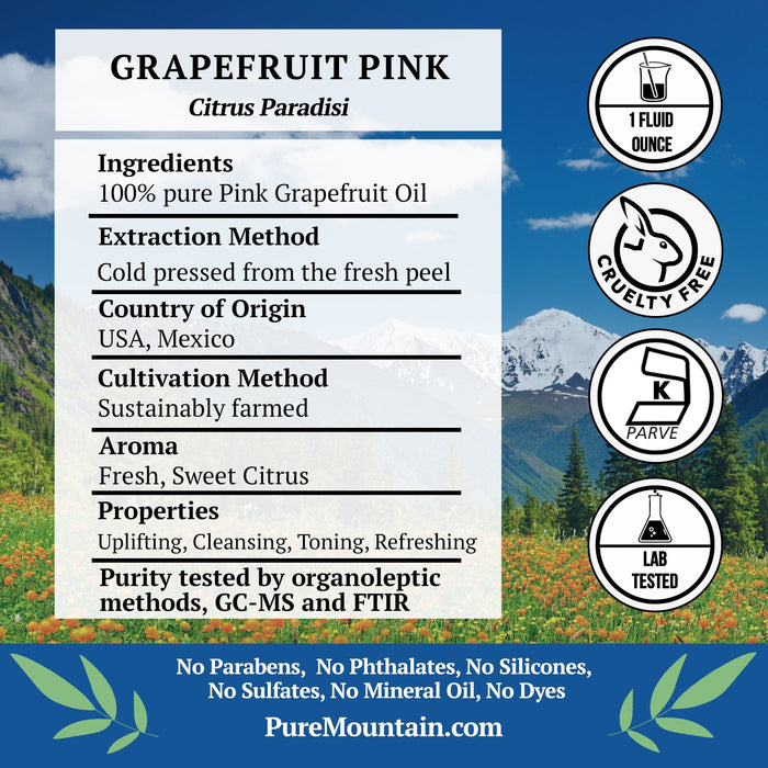 Pure Mountain Botanicals Essential Oil Grapefruit (Citrus Paradisi) Pink Essential Oil - 100% Pure Natural & Kosher - 1 fl oz Bottle