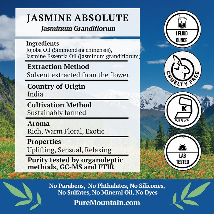 Pure Mountain Botanicals Essential Oil Jasmine Absolute (7.5% Jasminum Grandiflorum in Jojoba Oil) Essential Oil - 100% Pure Natural & Kosher - 1 fl oz Bottle