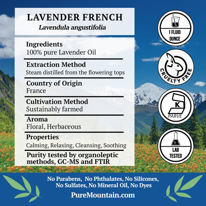 Pure Mountain Botanicals Essential Oil Lavender (Lavendula Angustifolia) French Essential Oil - 100% Pure Natural & Kosher - 1 fl oz Bottle