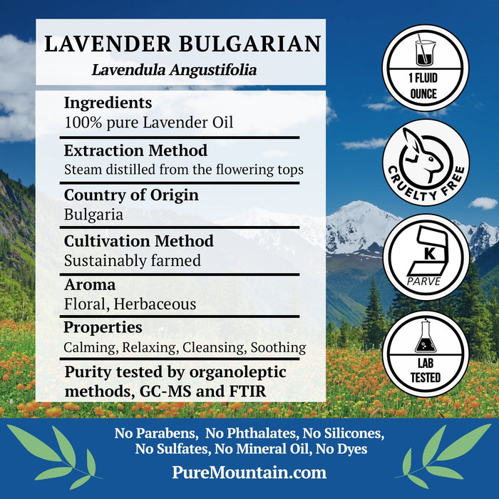 Pure Mountain Botanicals Essential Oil Lavender (Lavendula Angustifolia) Bulgarian Essential Oil - 100% Pure Natural & Kosher - 1 fl oz Bottle