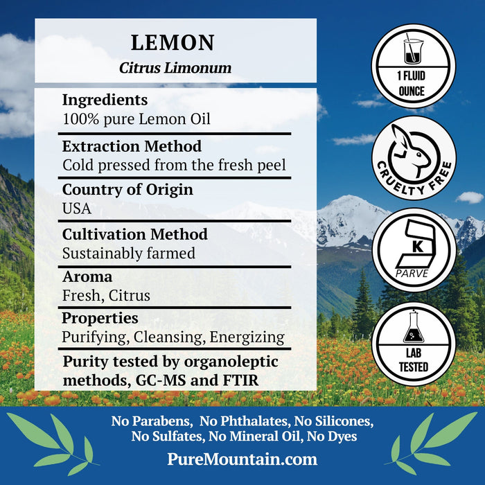 Pure Mountain Botanicals Essential Oil Lemon (Citrus Limonum) Essential Oil Full 1 oz (30 ml) Bottle - 100% Pure Natural & Kosher - 1 fl oz Bottle