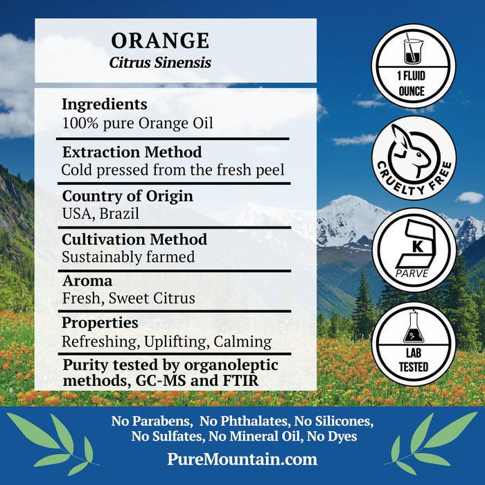 Pure Mountain Botanicals Essential Oil Orange Essential Oil Sweet - Full 1 oz (30 ml) Bottle
