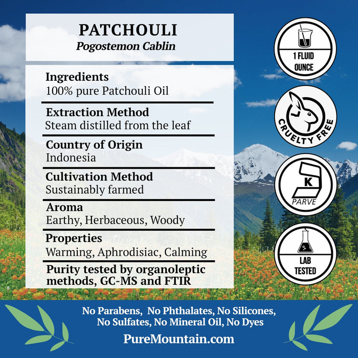 Pure Mountain Botanicals Essential Oil Patchouli Essential Oil - Full 1 oz Bottle - Kosher Certified