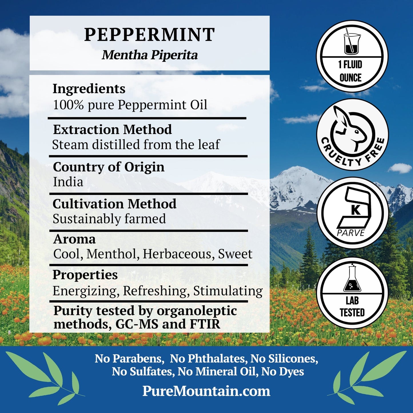 Pure Mountain Botanicals Essential Oil Peppermint Essential Oil - Full 1 oz (30 ml) Bottle - Pure Natural & Kosher Certified Mentha Piperita