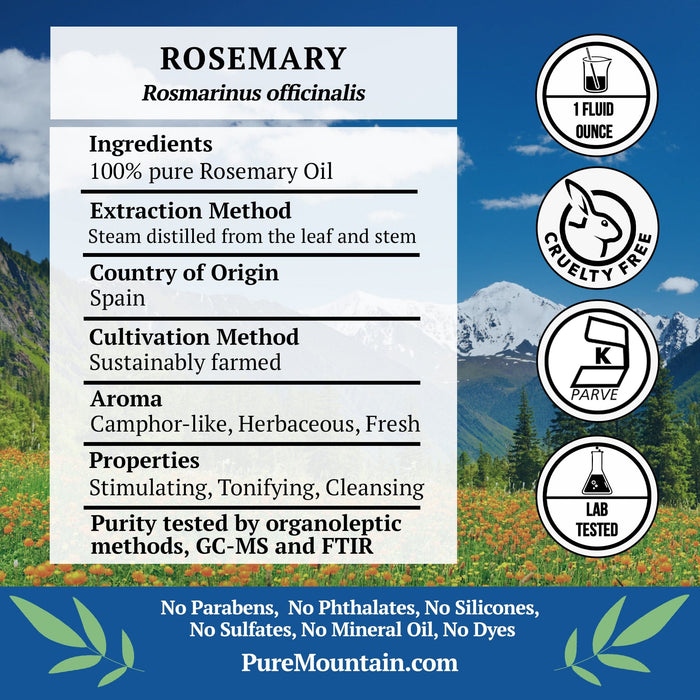 Pure Mountain Botanicals Essential Oil Rosemary (Rosemarinus Officinalis) Essential Oil - 100% Pure Natural & Kosher - 1 fl oz Bottle