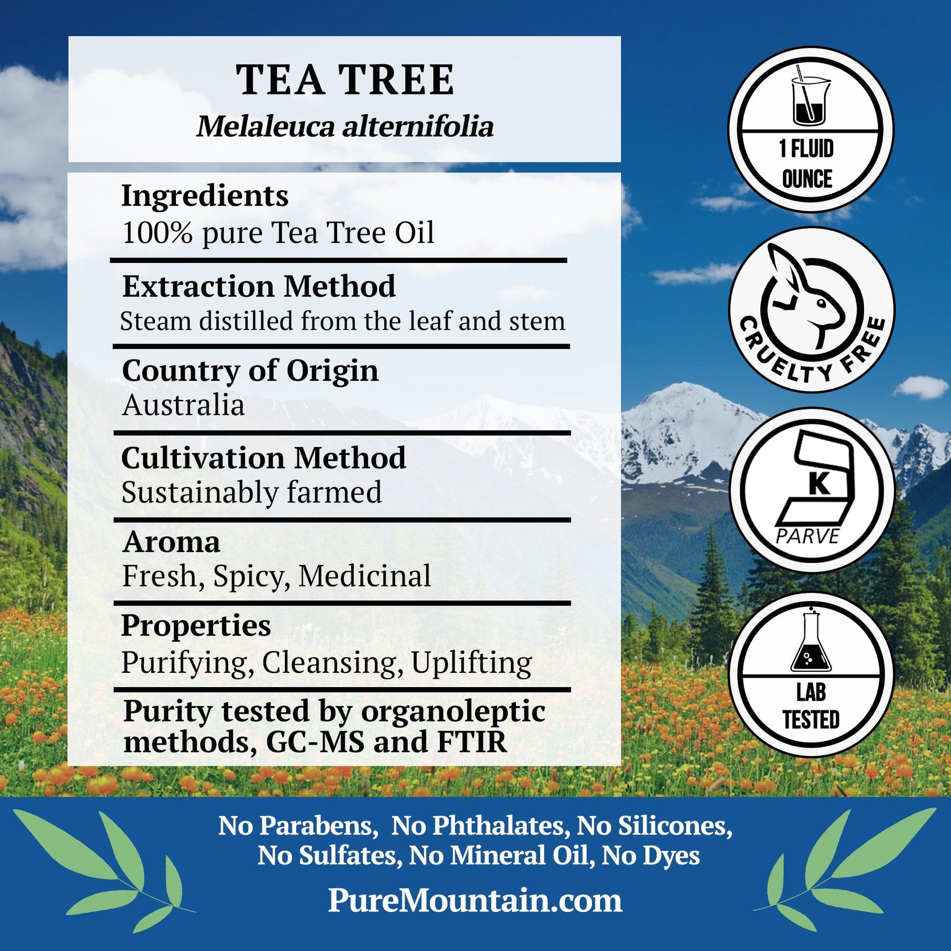 Pure Mountain Botanicals Essential Oil Tea Tree (Melaleuca Alternifolia) Essential Oil Additive for Face and Body Wash or Foot Soak - 100% Pure Natural & Kosher - 1 fl oz Bottle