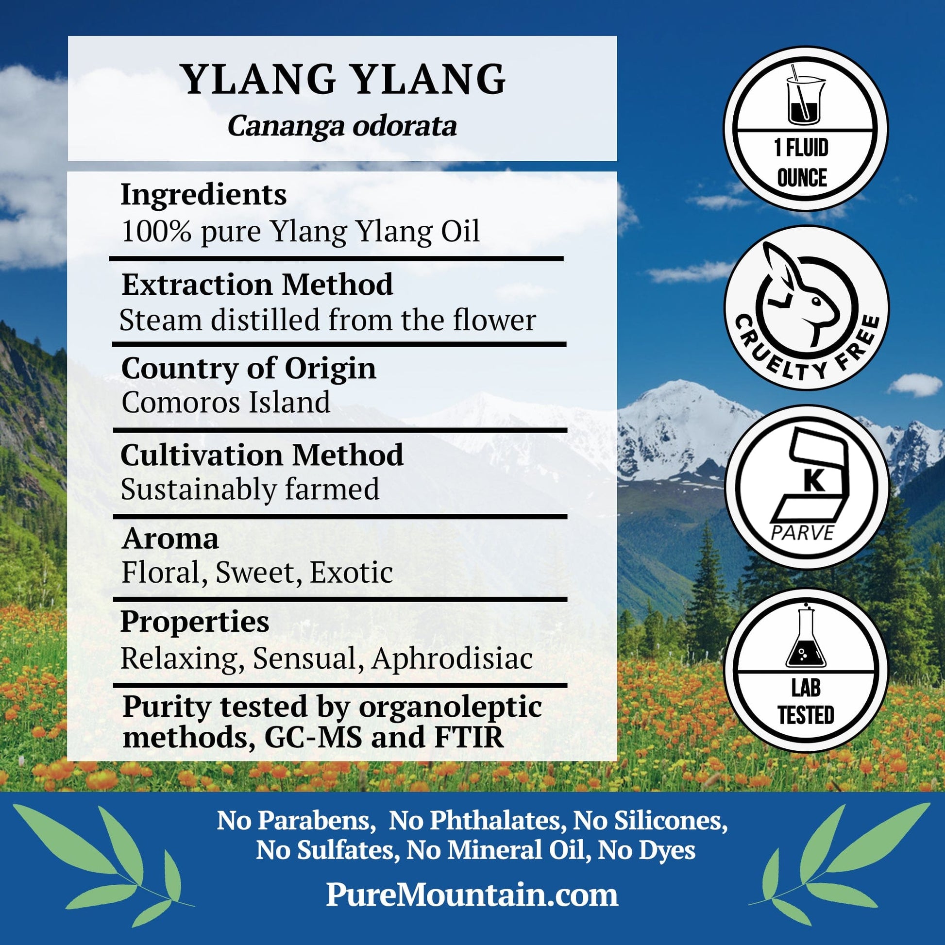 Pure Mountain Botanicals Essential Oil Ylang Ylang (Cananga Odorata) Essential Oil - 100% Pure Natural & Kosher - 1 fl oz Bottle