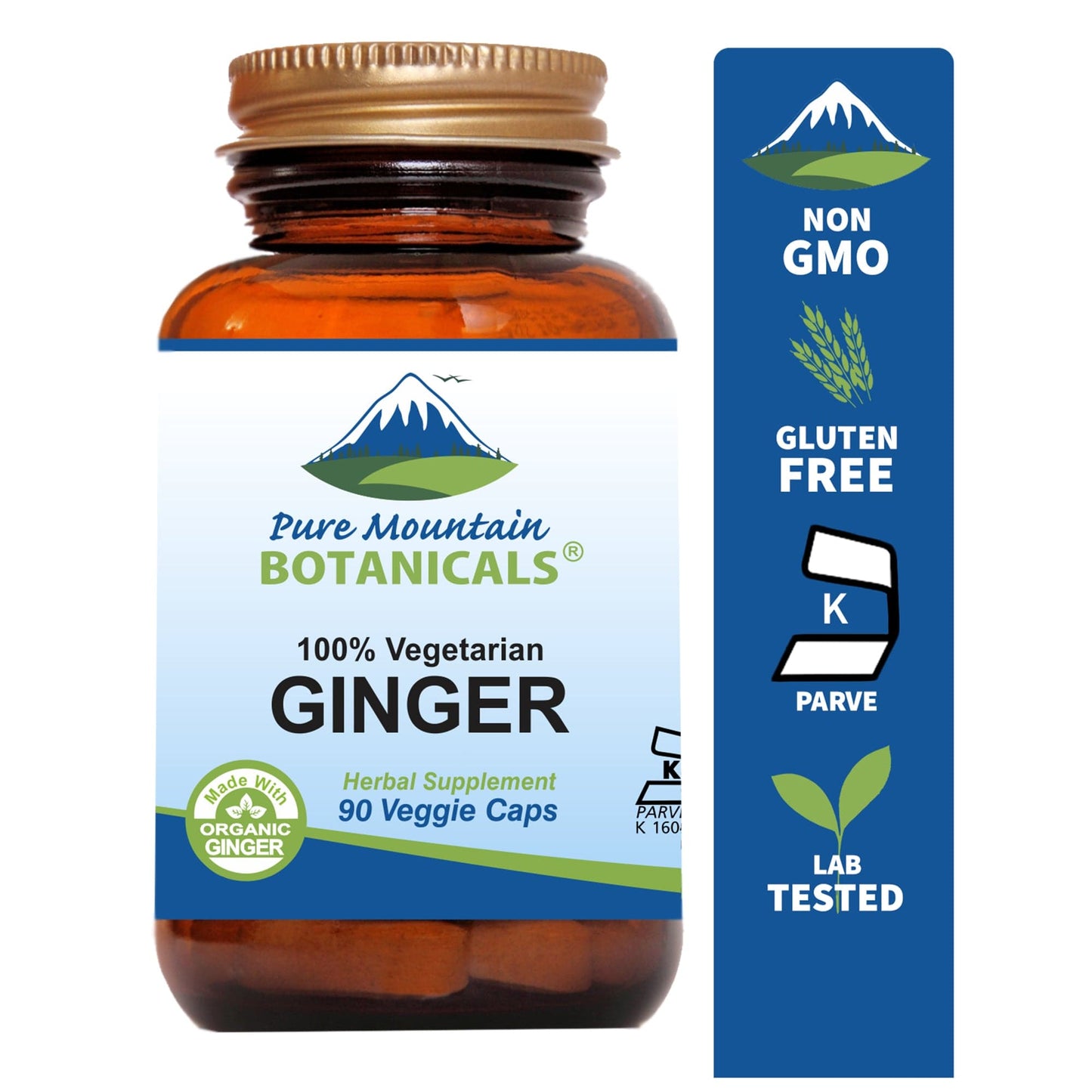 Pure Mountain Botanicals Supplement Ginger Capsules - 90 Kosher Vegetarian Caps