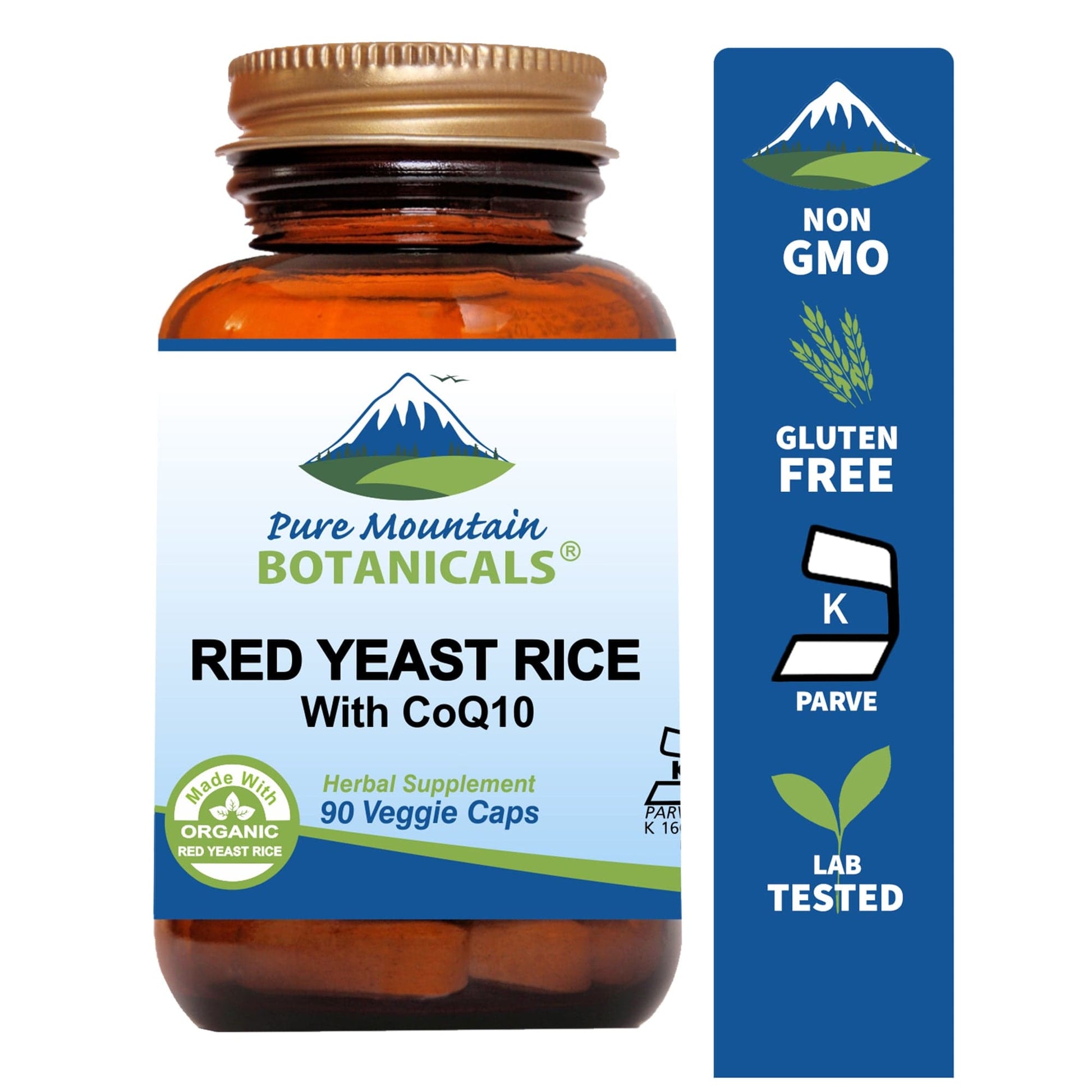 Pure Mountain Botanicals Supplement Red Yeast Rice with CoQ10 - 90 Kosher Veggie Caps with 600mg Organic Red Yeast Rice