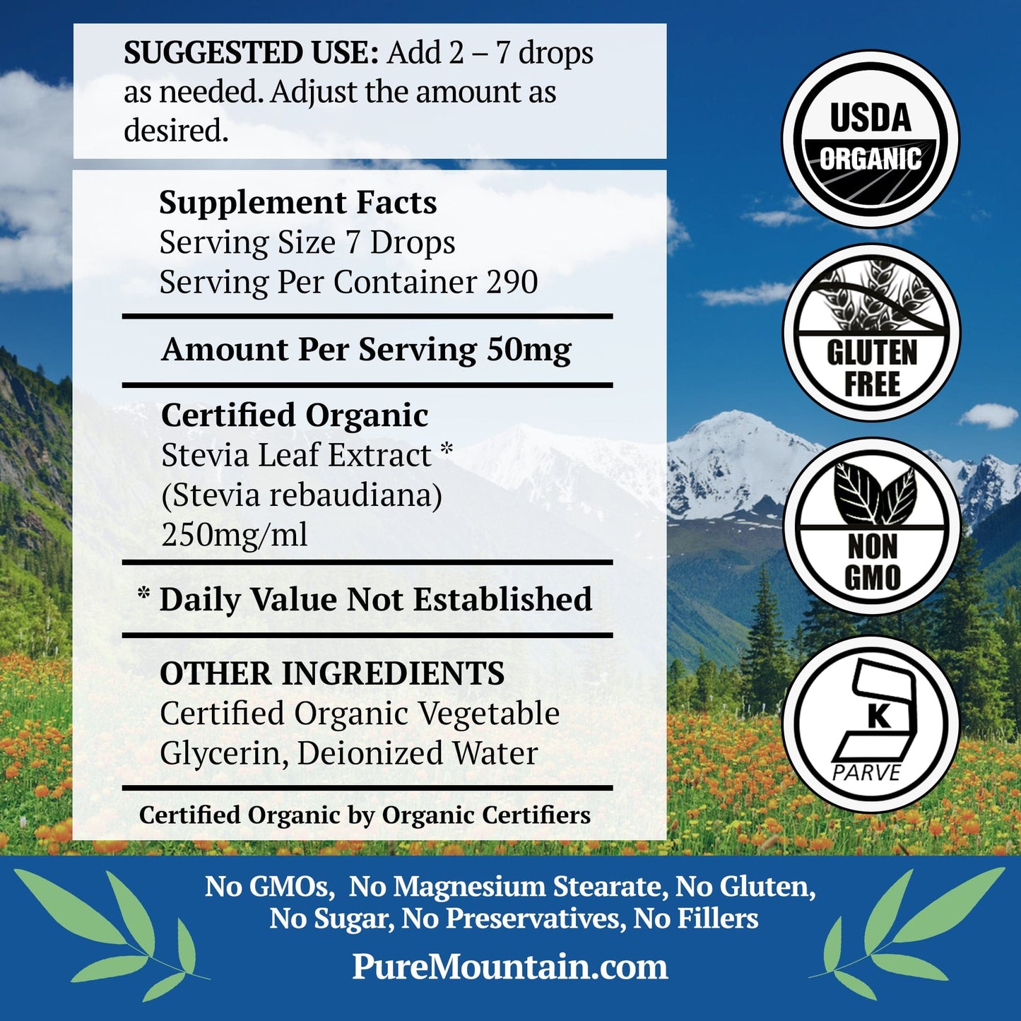 Pure Mountain Botanicals Sugar Substitute Organic Liquid Stevia Sweetener – Alcohol Free and Kosher Sugar Substitute - Glass Bottle