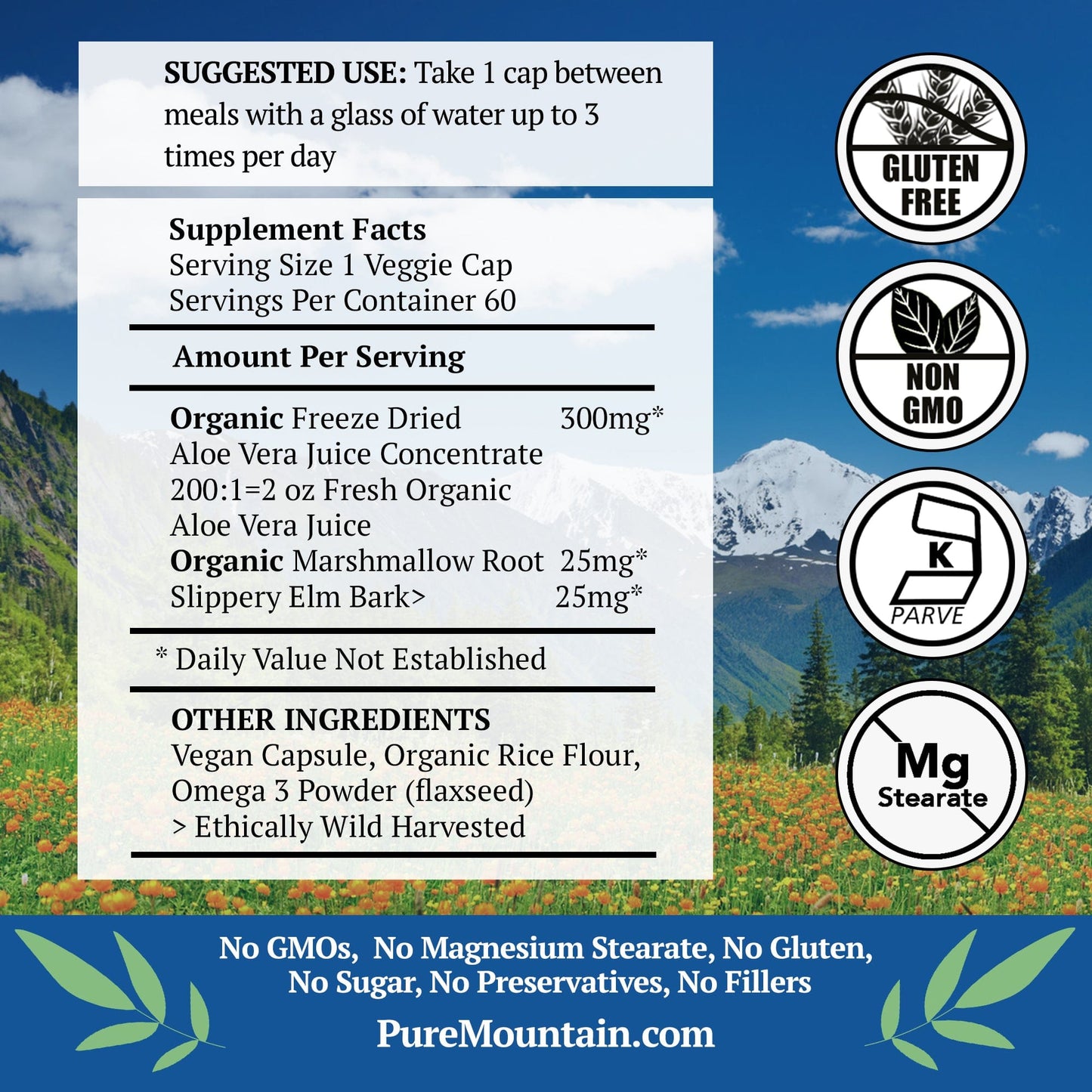 Pure Mountain Botanicals Supplement Aloe Vera Plus Capsules - 200:1 Extract - 60 Kosher Veggie Caps