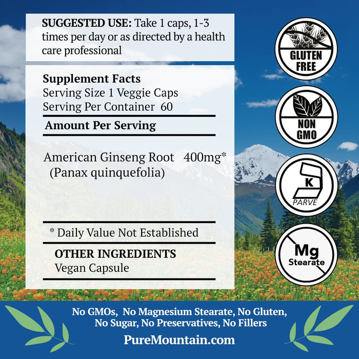 Pure Mountain Botanicals Supplement American Ginseng Capsules – 60 Kosher Vegan Caps with 400mg Panax Quinquefolia Ginseng Root