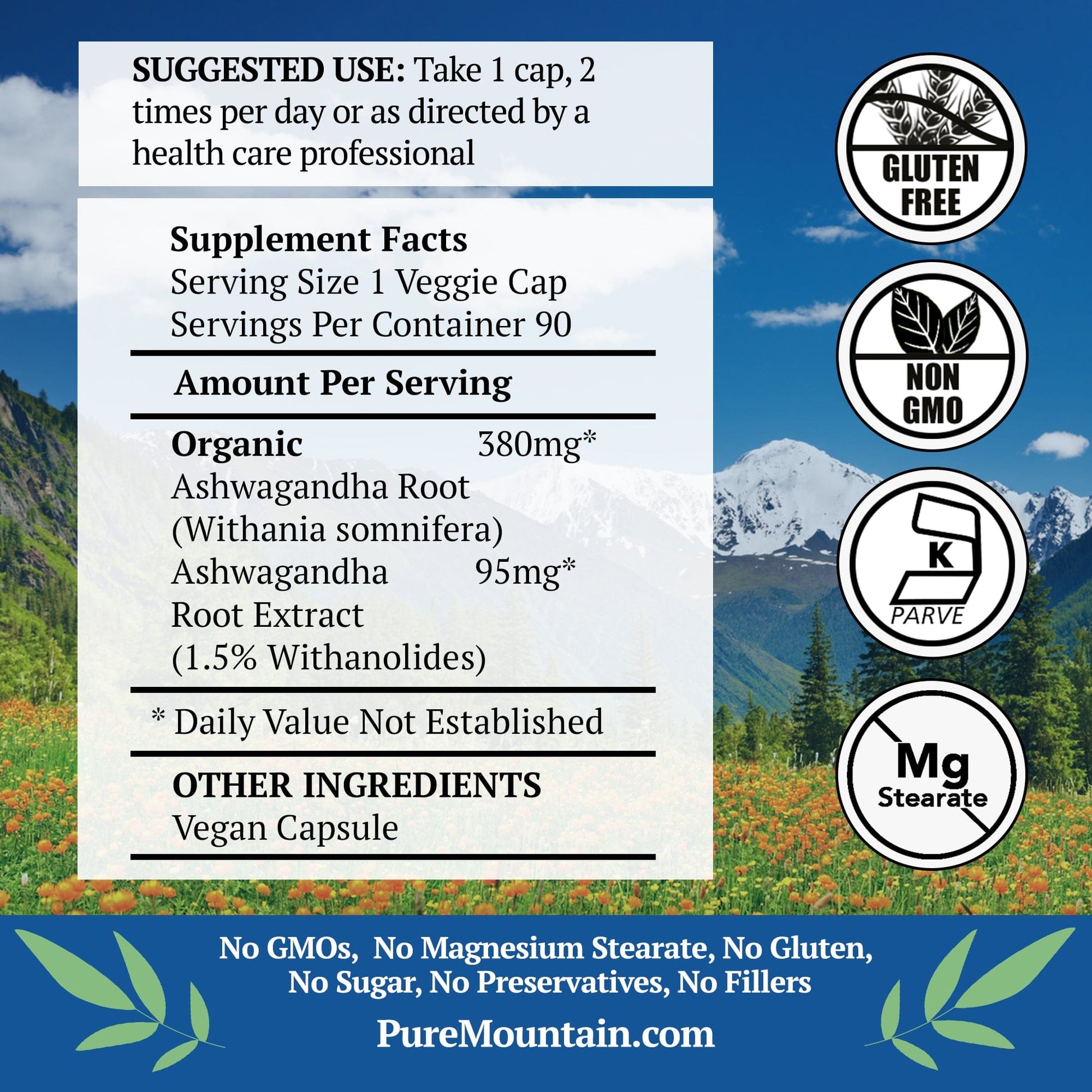 Pure Mountain Botanicals Supplement Ashwagandha Capsules with Organic Ashwagandha Root & Kosher Ashwagandha Extract