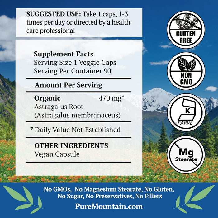 Pure Mountain Botanicals Supplement Astragalus Root Capsules - 90 Kosher Vegan Caps with 470mg Organic Astragalus