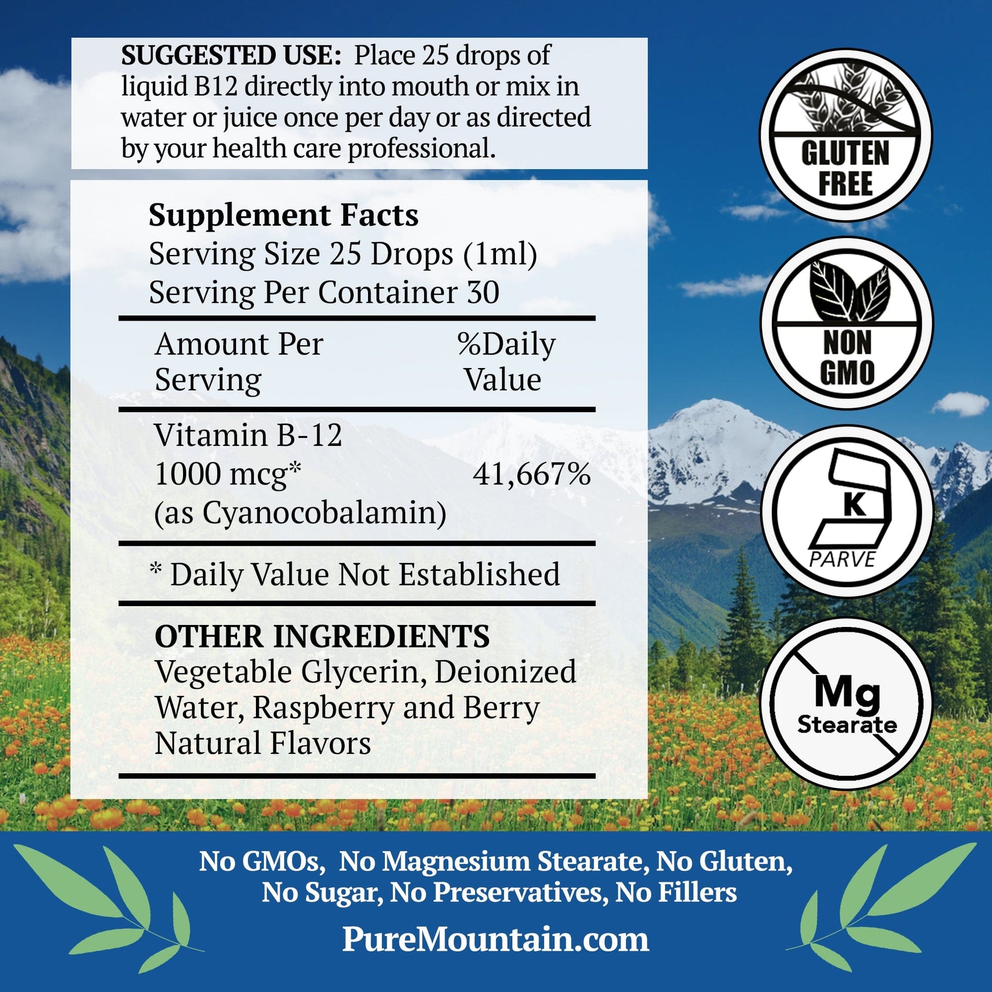 Pure Mountain Botanicals Vitamin B12 Vitamin 1000 mcg – Kosher B12 Drops in 1oz Bottle with Natural Berry Flavor