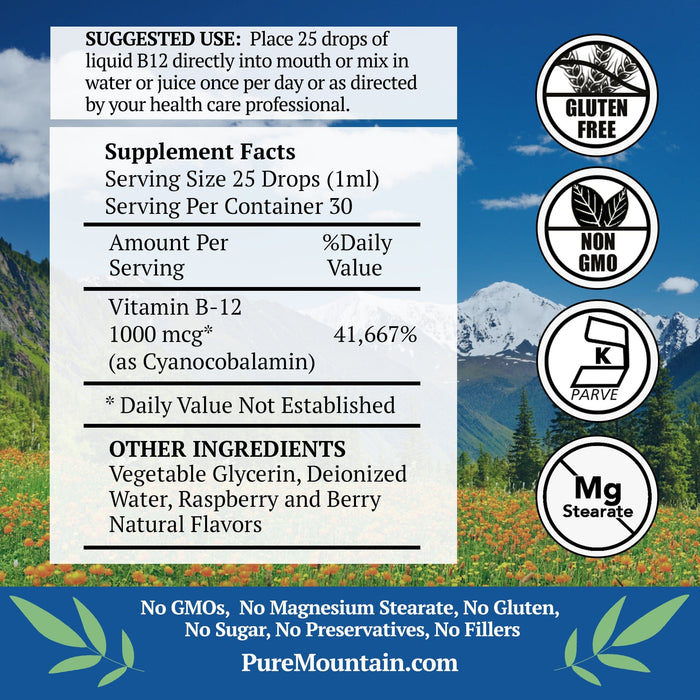 Pure Mountain Botanicals Vitamin B12 Vitamin 1000 mcg – Kosher B12 Drops in 1oz Bottle with Natural Berry Flavor