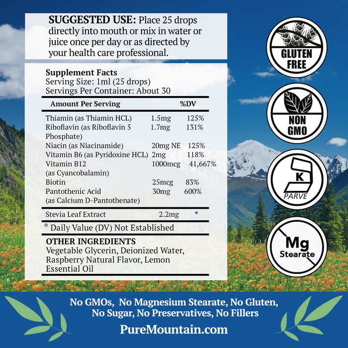 Pure Mountain Botanicals Vitamin Liquid Vitamin B Complex - Raspberry Flavor Kosher B Complex Vitamin with B12, B6, Thiamin, Biotin & Niacin - 1oz Bottle