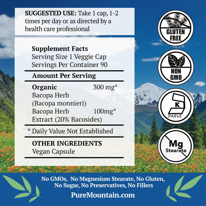 Pure Mountain Botanicals Supplement Bacopa Capsules with Organic Bacopa and Potent Bacopa Extract