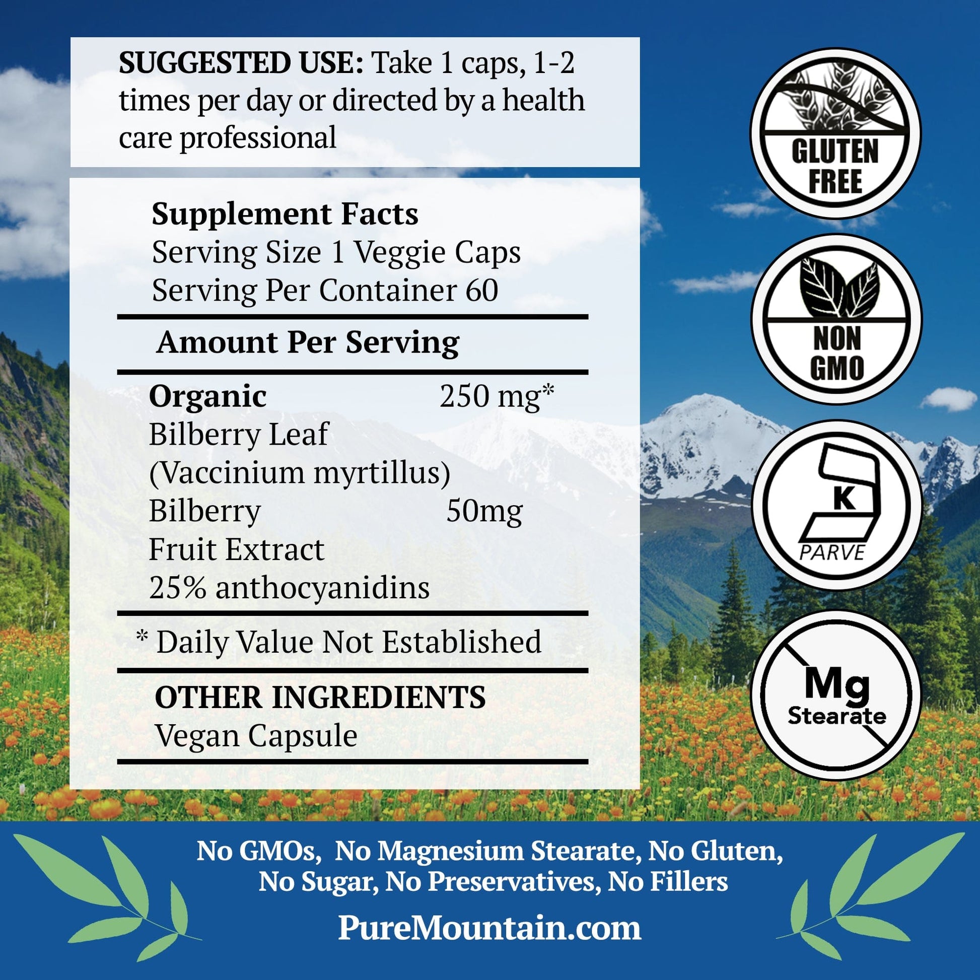 Pure Mountain Botanicals Supplement Bilberry Capsules - Full Spectrum Extract - 60 Kosher Veggie Caps