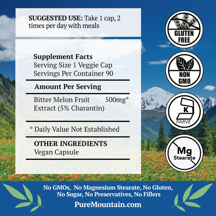Pure Mountain Botanicals Supplement Bitter Melon Capsules - 90 Kosher Vegan Caps with 500mg Bitter Melon Extract