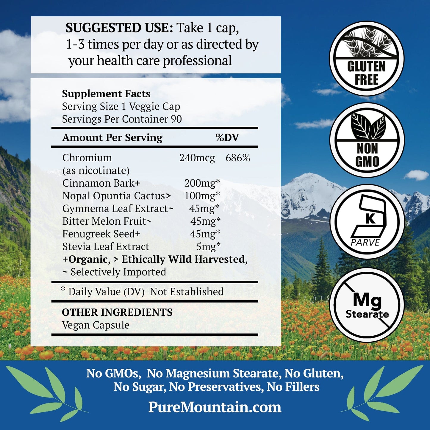 Pure Mountain Botanicals Supplement Blood Sugar Harmony with Organic Cinnamon - 90 Kosher Veggie Caps