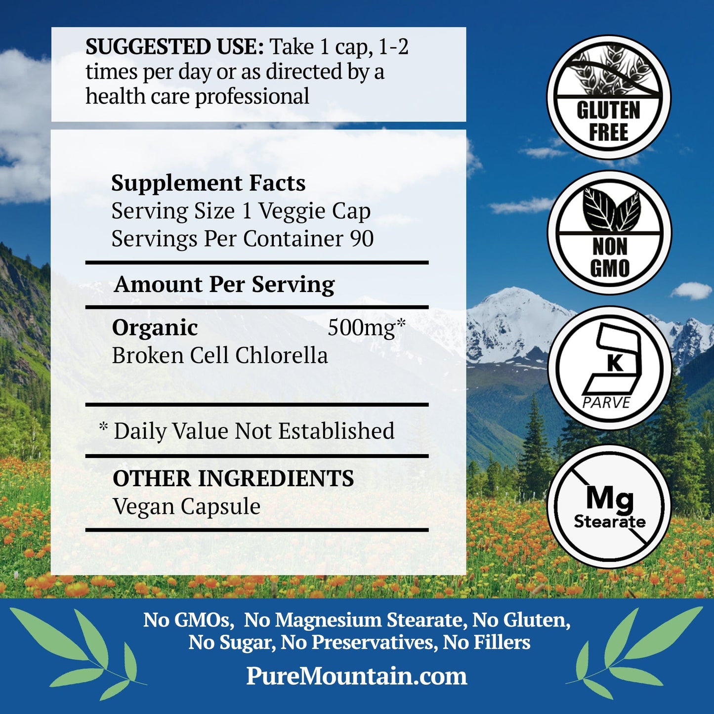 Pure Mountain Botanicals Supplement Chlorella Broken Cell Capsules - 90 Kosher Veggie Caps with 500mg Organic Chlorella